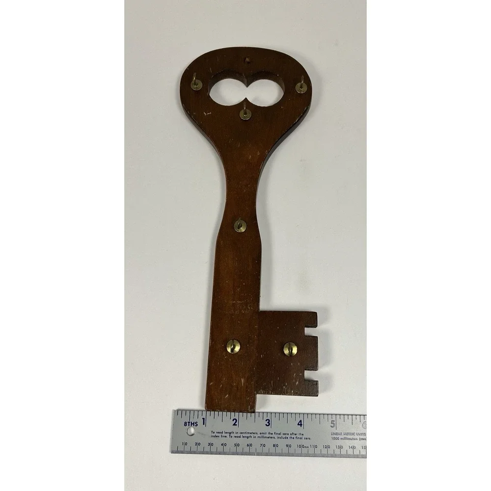 VTG Wooden Key Hook Skeleton Key Shape Brass Hooks MCM 13